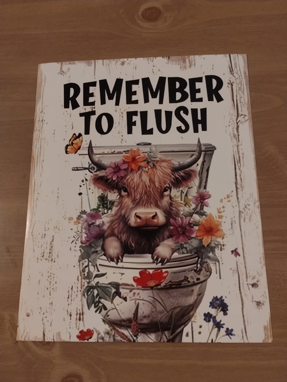 Funny Bathroom Wall Art Highland Cow “Remember To Flush” Farmhouse Rustic Decor